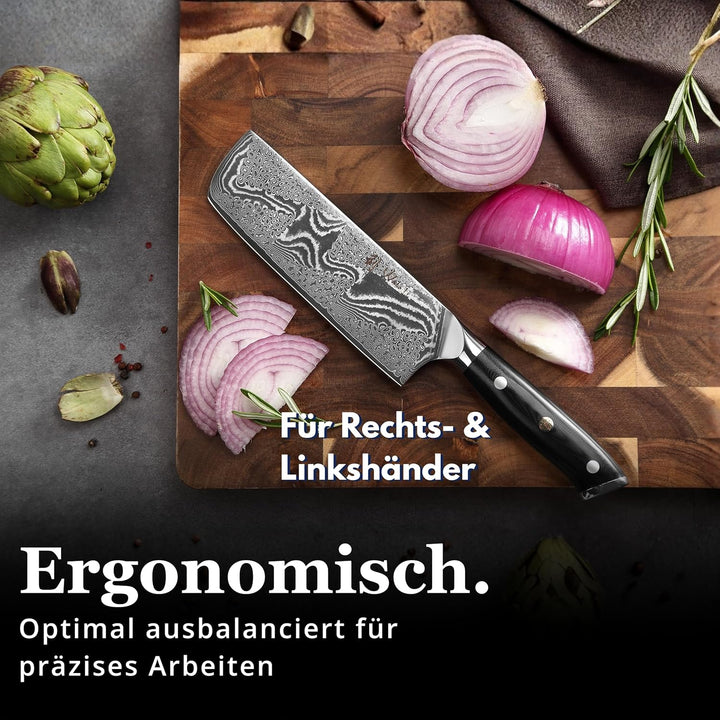 Wakoli Nitoko Damastmesser Nakiri Messer - 17 cm Klinge aus 67 Lagen echtem Damaststahl, G10 Griff,