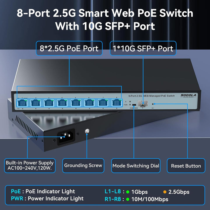 8 Port 2.5G Web Managed PoE Switch 120W|1X 10G SFP+&4 x 2.5GBase-T PoE Ports, Max 90W PoE Output, IE