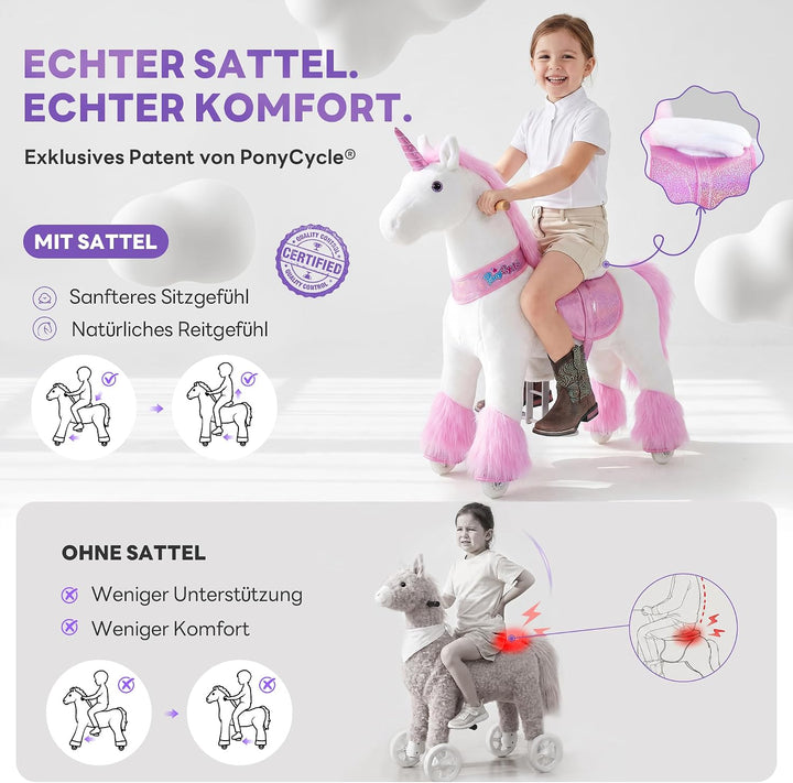 PonyCycle Pferd zum reiten, für Kinder 3–4 Jahre, 76cm Hoch, Reitpferd auf Rollen mit Handbremse und