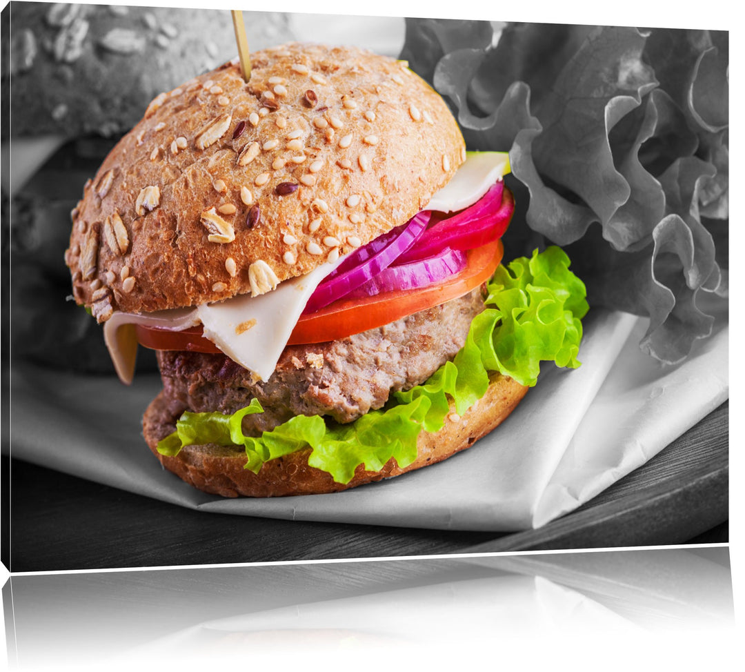 Gesunder Hamburger schwarz/weiss Format: 100x70 cm auf Leinwand, XXL riesige Bilder fertig gerahmt m