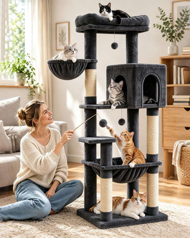 Kratzbaum Gross, XXL Katzenbaum Holz, 148cm Hoch mit Grosse Plattformen, Kratzsäulen, Höhle, Korb, P