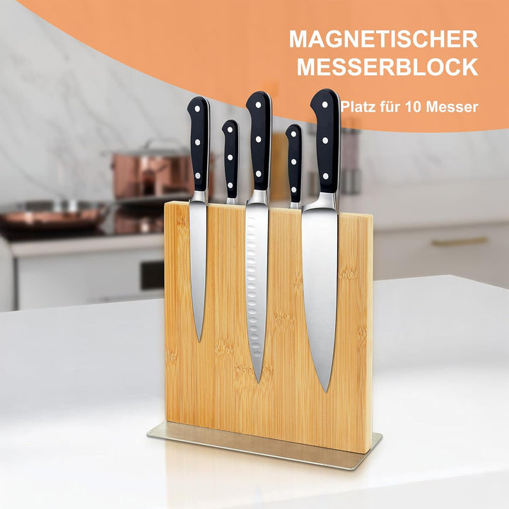 Relaxdays Messerblock magnetisch, doppelseitig, Bambus & Edelstahl, HxBxT: 23 x 25 x 10 cm, Messerha