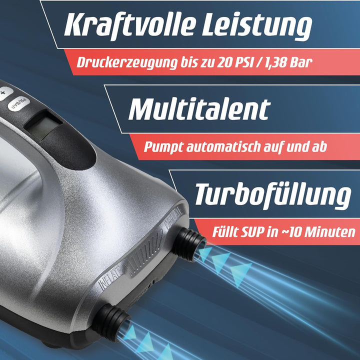 Fitleap SUP Pumpe elektrisch 20 PSI, pumpt das Board in wenigen Minuten auf | Zieldruck am LCD-Displ