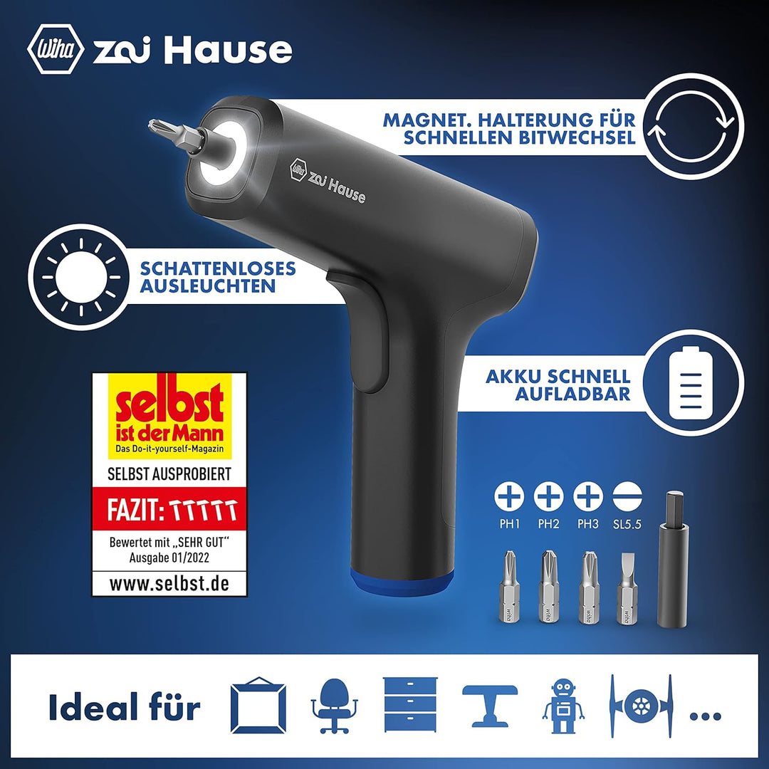Wiha TCA10182 zai Hause 4V Akkuschrauber Set klein mit 4 Bits und USB C Ladekabel, Mini Akku-Schraub