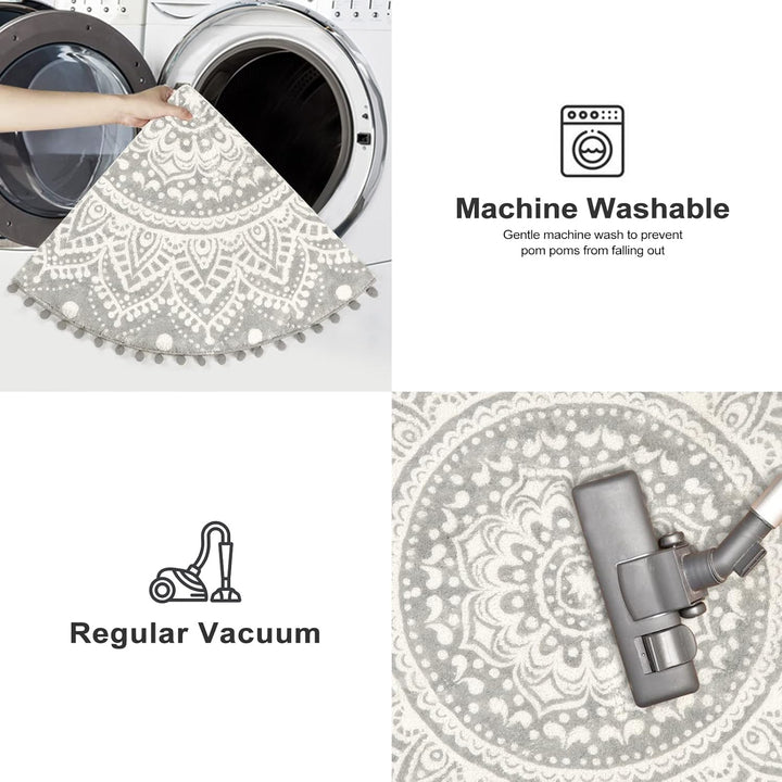 KIMODE Boho Runder Grau Teppich 120cm Mandala Schlafzimmer Weicher Grosser Teppich mit Pom Pom Frans