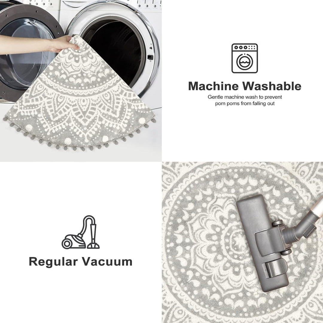 KIMODE Boho Runder Grau Teppich 120cm Mandala Schlafzimmer Weicher Grosser Teppich mit Pom Pom Frans
