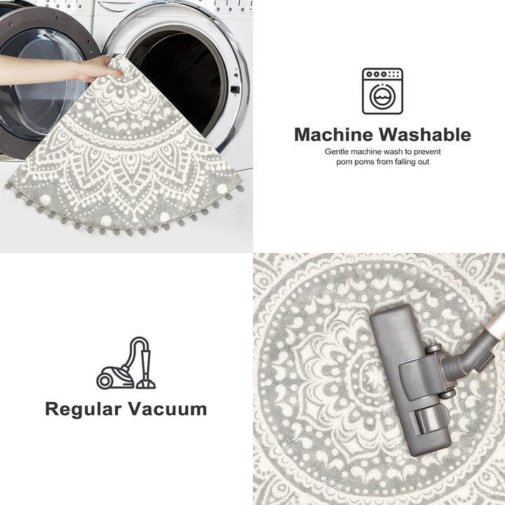 KIMODE Boho Runder Grau Teppich 120cm Mandala Schlafzimmer Weicher Grosser Teppich mit Pom Pom Frans
