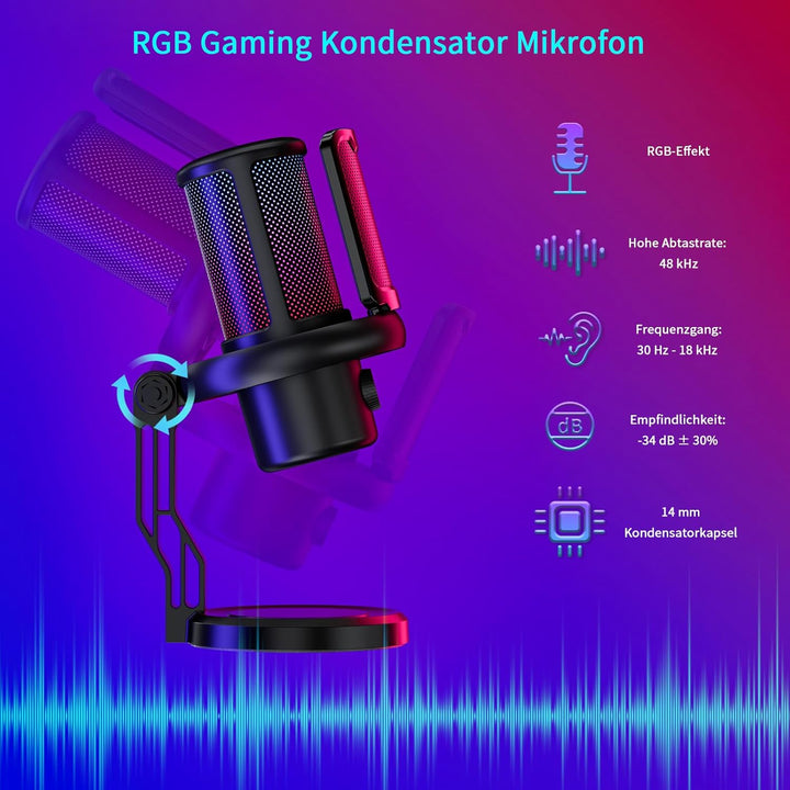 K KASONIC Gaming Mikrofon mit RGB-Beleuchtung, USB Kondensatormikrofon mit Pop-Filter für PC, Schnel