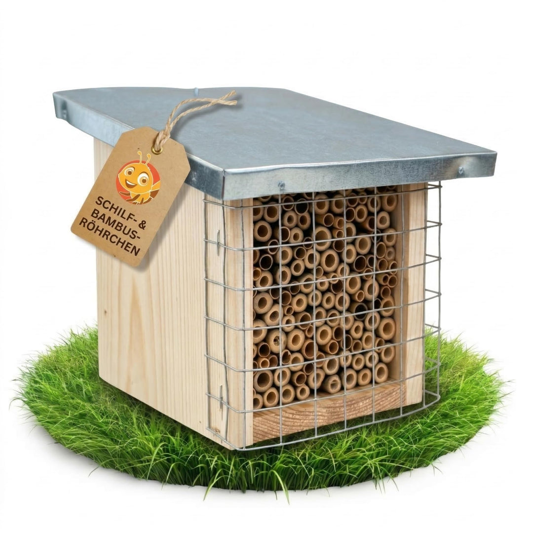 BEESI Bienenhotel mit Metalldach &amp; Schutzgitter - Langlebiges Insektenhaus für Solitärbienen - Natür