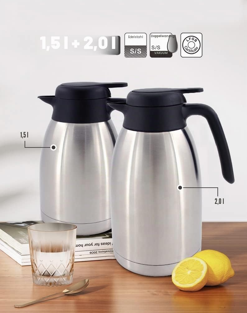 Isolierkanne 2 L – Thermoskanne aus doppelwandigem Edelstahl für bis zu 13 Tassen Kaffee oder Tee 20