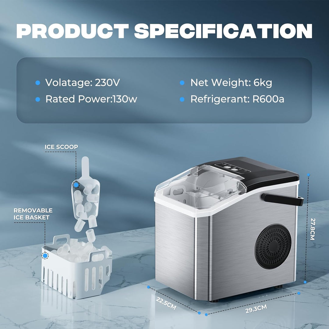Eiswürfelmaschine 15kg/24h, 9 Eiswürfel in 6 Min, Tragbarer Eiswürfelbereiter mit Tragegriff & Selbs