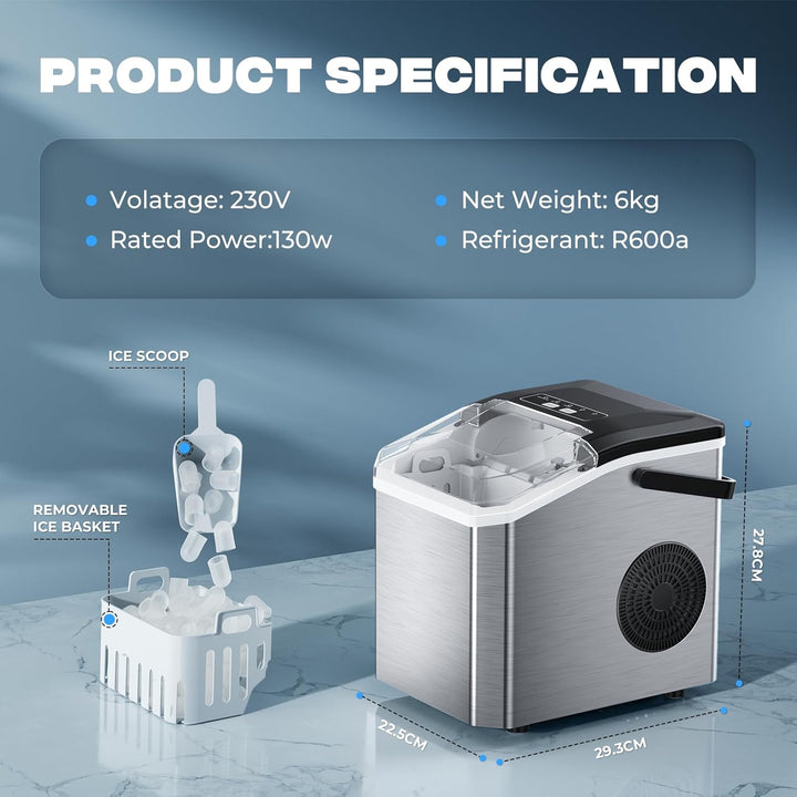 Eiswürfelmaschine 15kg/24h, 9 Eiswürfel in 6 Min, Tragbarer Eiswürfelbereiter mit Tragegriff & Selbs