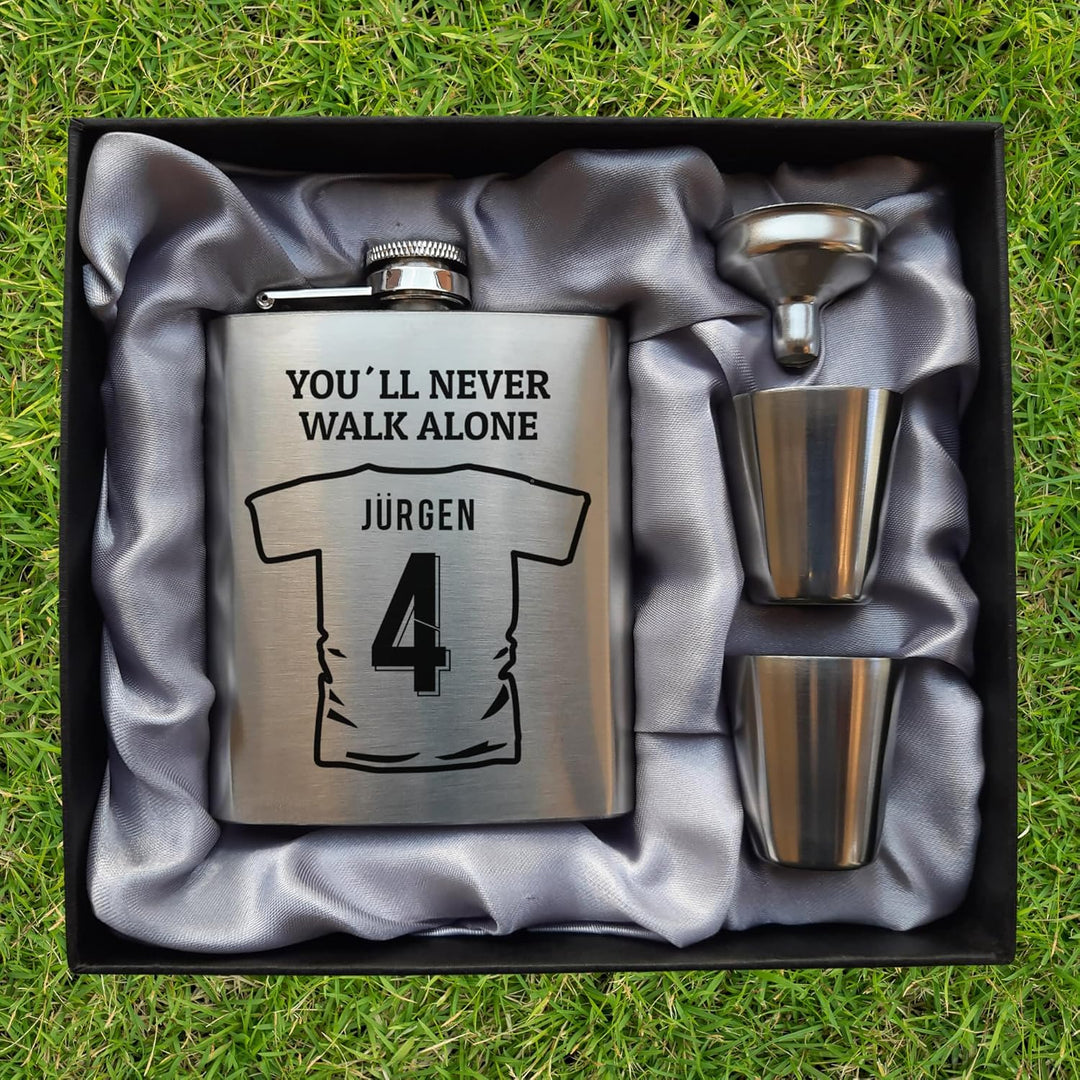 Edelstahl Flachmann mit Gravur Fussball Trikot personalisiert mit Name Nummer Wunschtext 170 ml auch