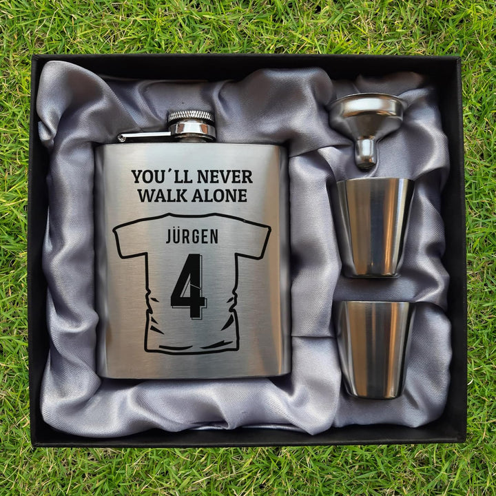 Edelstahl Flachmann mit Gravur Fussball Trikot personalisiert mit Name Nummer Wunschtext 170 ml auch