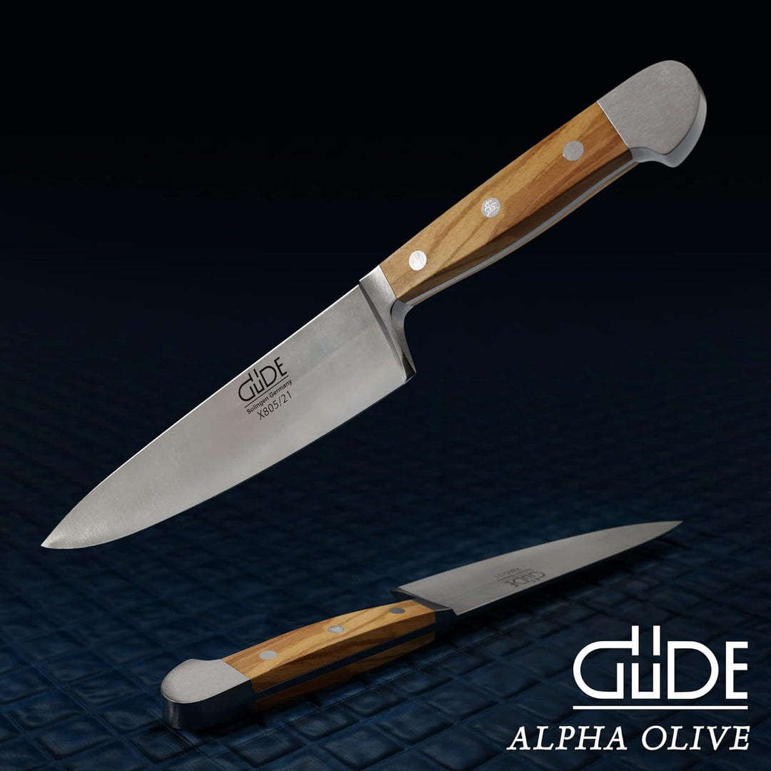 GÜDE Solingen - Kochmesser geschmiedet, 21 cm, Olivenholz, ALPHA OLIVE, Küchenmesser, Doppelkropf, H