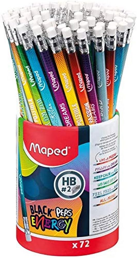 Maped – 72 Graphitstifte Black'Peps Energy HB – Radiergummi – Bleistifte mit inspirierenden Nachrich