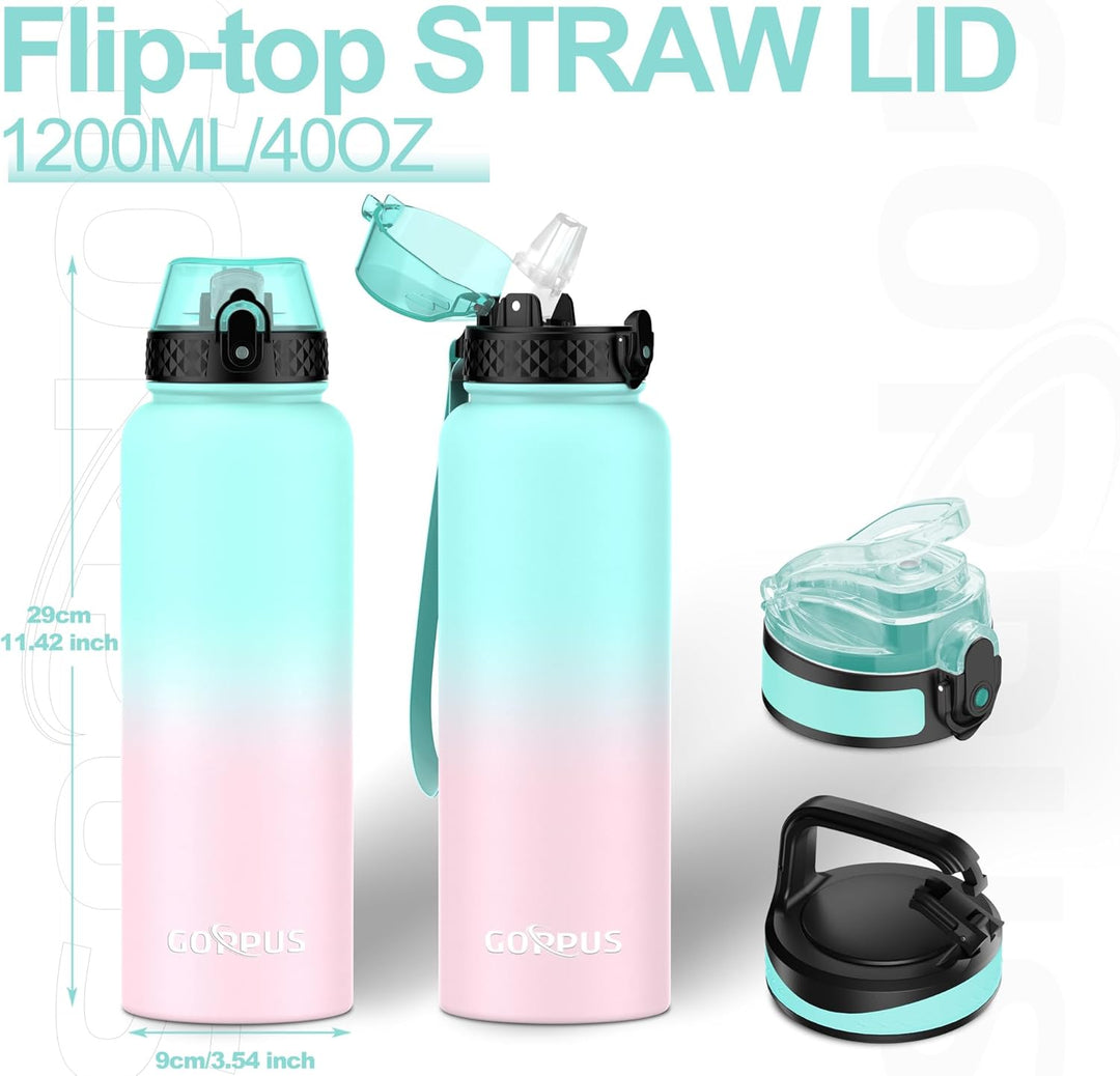 GOPPUS 1.2L/40oz Edelstahl Wasserflasche mit Strohhalm 1.2 Liter Heisse Thermosflasche Doppelwandige