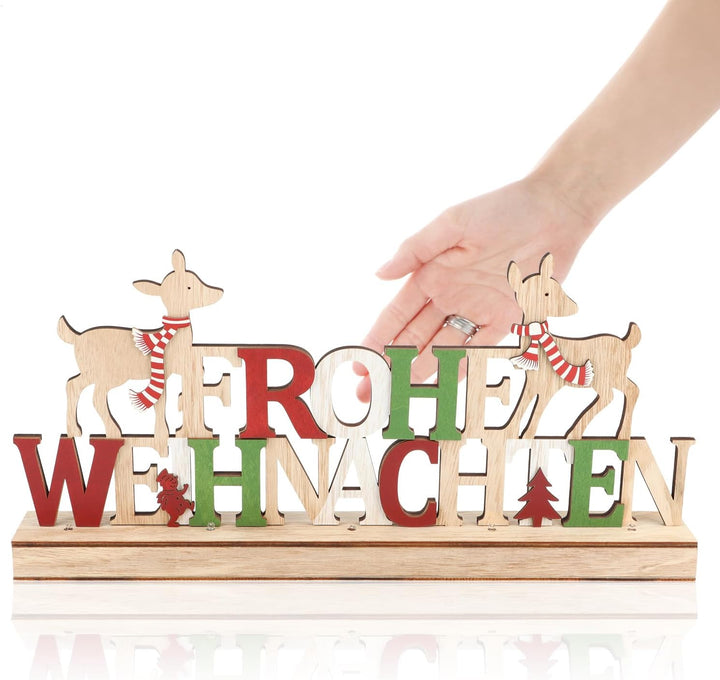 com-four® LED Deko Aufsteller aus Holz - beleuchteter Schriftzug auf Holzsockel - Deko-Schriftzug zu