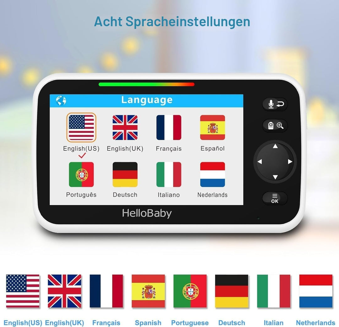 HelloBaby Monitor mit Kamera und Audio, 12,7 cm (5 Zoll) grosser Bildschirm mit 3500 mAh Akku, Ferns