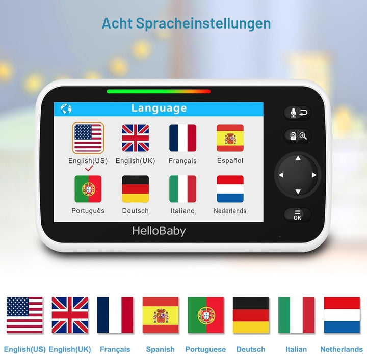 HelloBaby Monitor mit Kamera und Audio, 12,7 cm (5 Zoll) grosser Bildschirm mit 3500 mAh Akku, Ferns