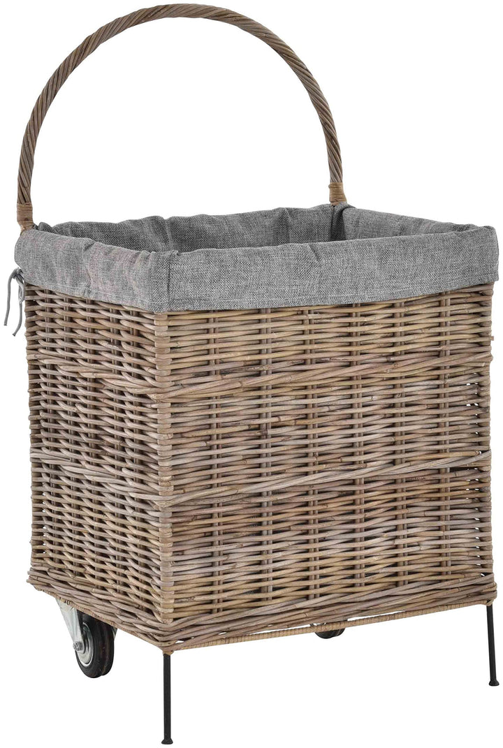 Holzwagen/Kaminholzwagen aus Rattan-Naturrohr/Stabiler Eisenrahmen / 54x44x95 mit Stoffinlett