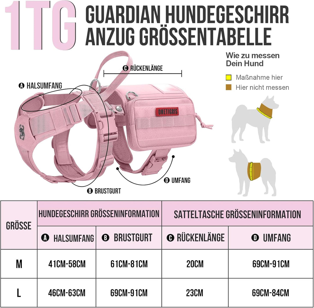OneTigris Service Hundegeschirr, Guardian Geschirr mit 3 Edelstahl D-Ringen und Grosser Kapazität Ta