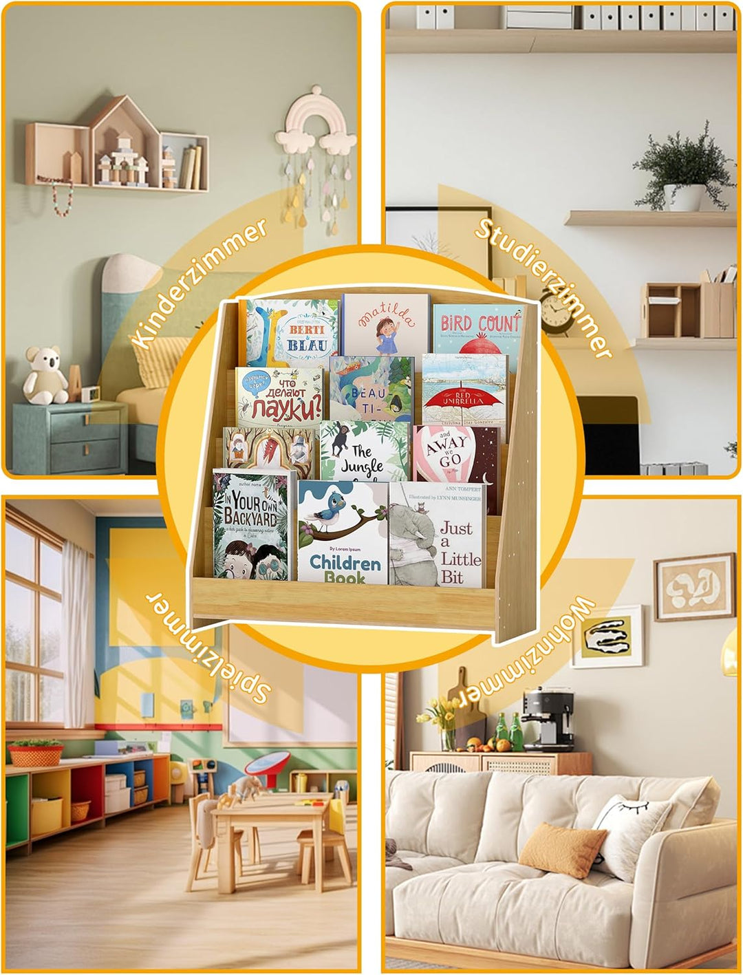 4 Tier Bücherregal Kinder Montessori Kinderregal 88cm Höhe, Kinderzimmer Spielzeug Aufbewahrung Büch