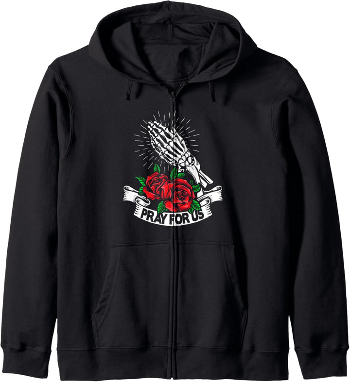 Ästhetisches weiches Grunge-Skelett mit Rosen. Bete für uns Kapuzenjacke