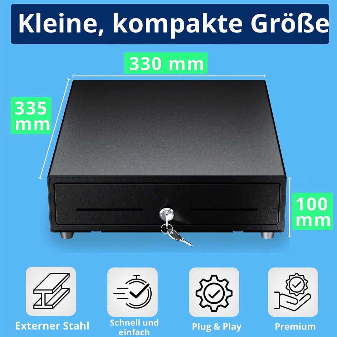 Automatische Kassenschublade 33x33cm, 4 Geldschein-/8 Münzfächer, RJ11/Schlüssel-Öffnung, Ideal für