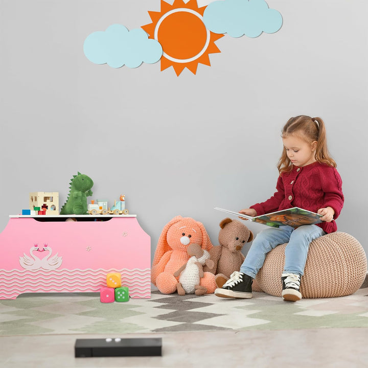 Relaxdays Spielzeugtruhe, Schwanenherz, Spielzeugkiste, Deckel, Bücherfächer, HBT 46x84x42,5 cm, Spi