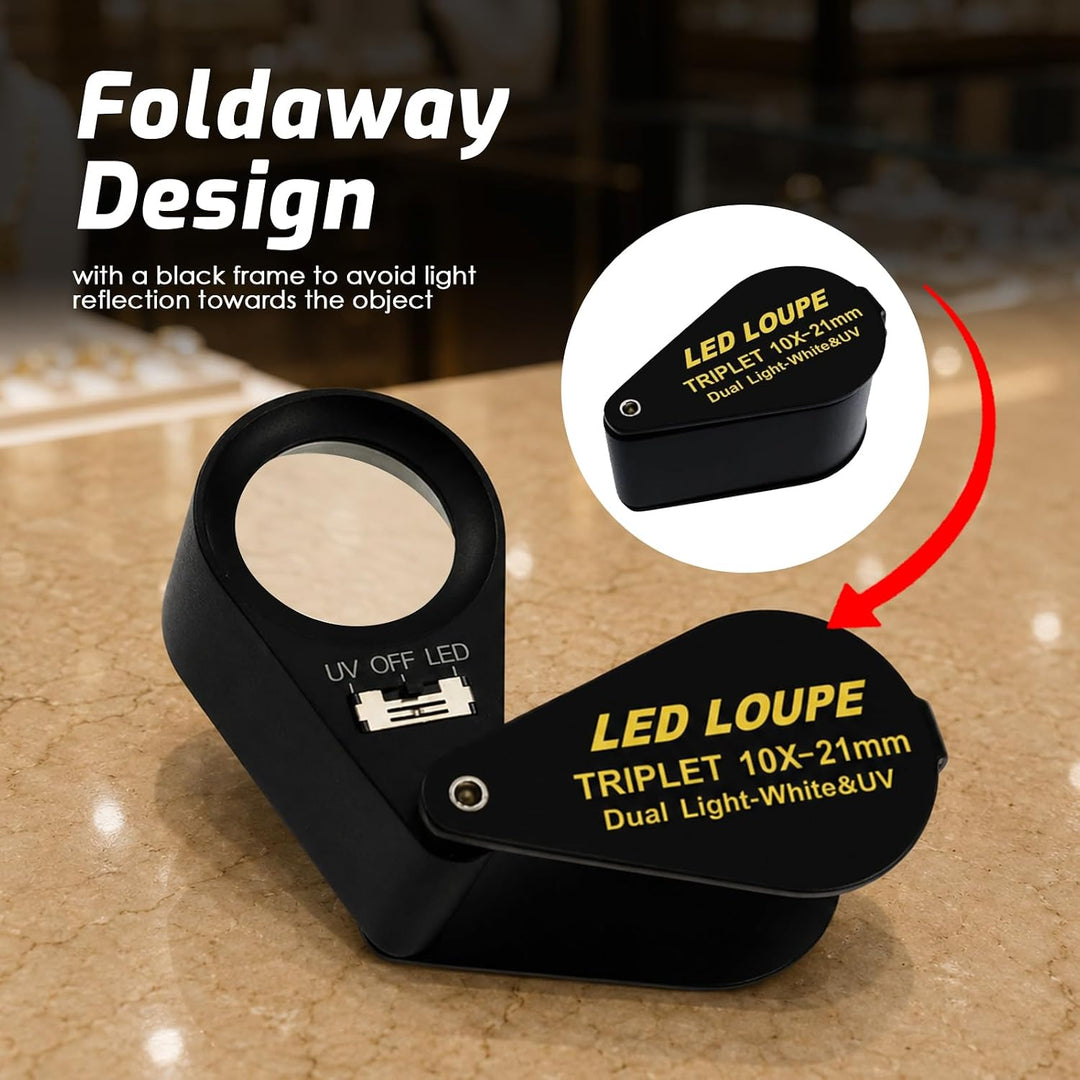 10x21mm Lupe Juwelier Lupe LED UV-Licht Triplet Objektiv Vergrösserungsstein Optisches Werkzeug 10-f