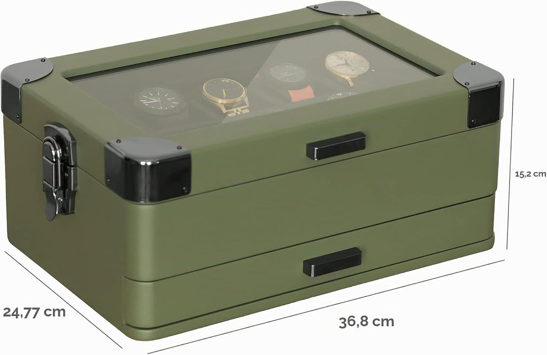 CASE ELEGANCE Militäruhrenbox mit 10 Fächern für Herren, Echtglasplatte, modulares Valet-Tablett, Ap