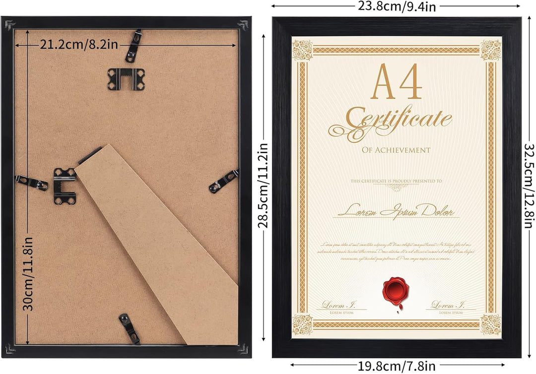 EXYGLO 12er Bilderrahmen A4 Set - Rahmen din A4 für 21x29,7 cm Fotos und Bilder, Schwarze Fotorahmen