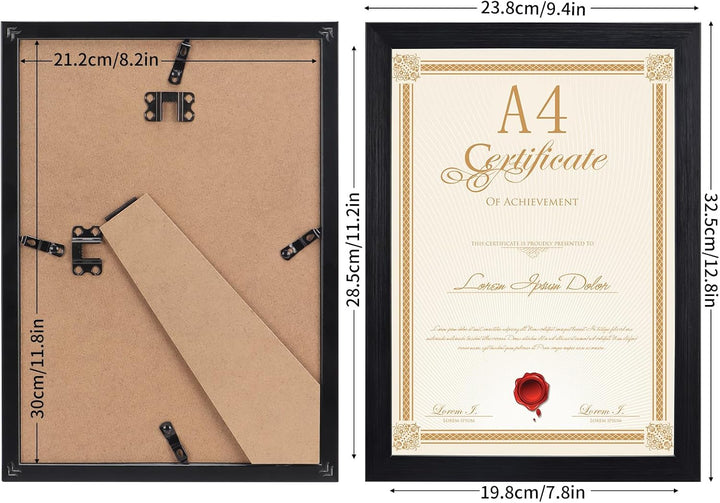 EXYGLO 12er Bilderrahmen A4 Set - Rahmen din A4 für 21x29,7 cm Fotos und Bilder, Schwarze Fotorahmen