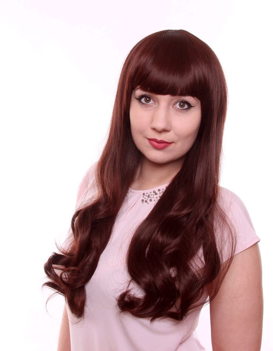 Prettyland C367 65cm Damen lange Perücke leicht Gewellt Locken Gerade Pony Dunkel-Braun Rot rotbraun