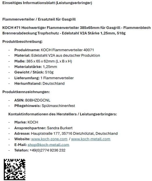 Koch #71 Massive Aromaschiene 385 x 65 x 63 x 1,25mm Flammenverteiler mit Kiemen für Weber 7636 + We
