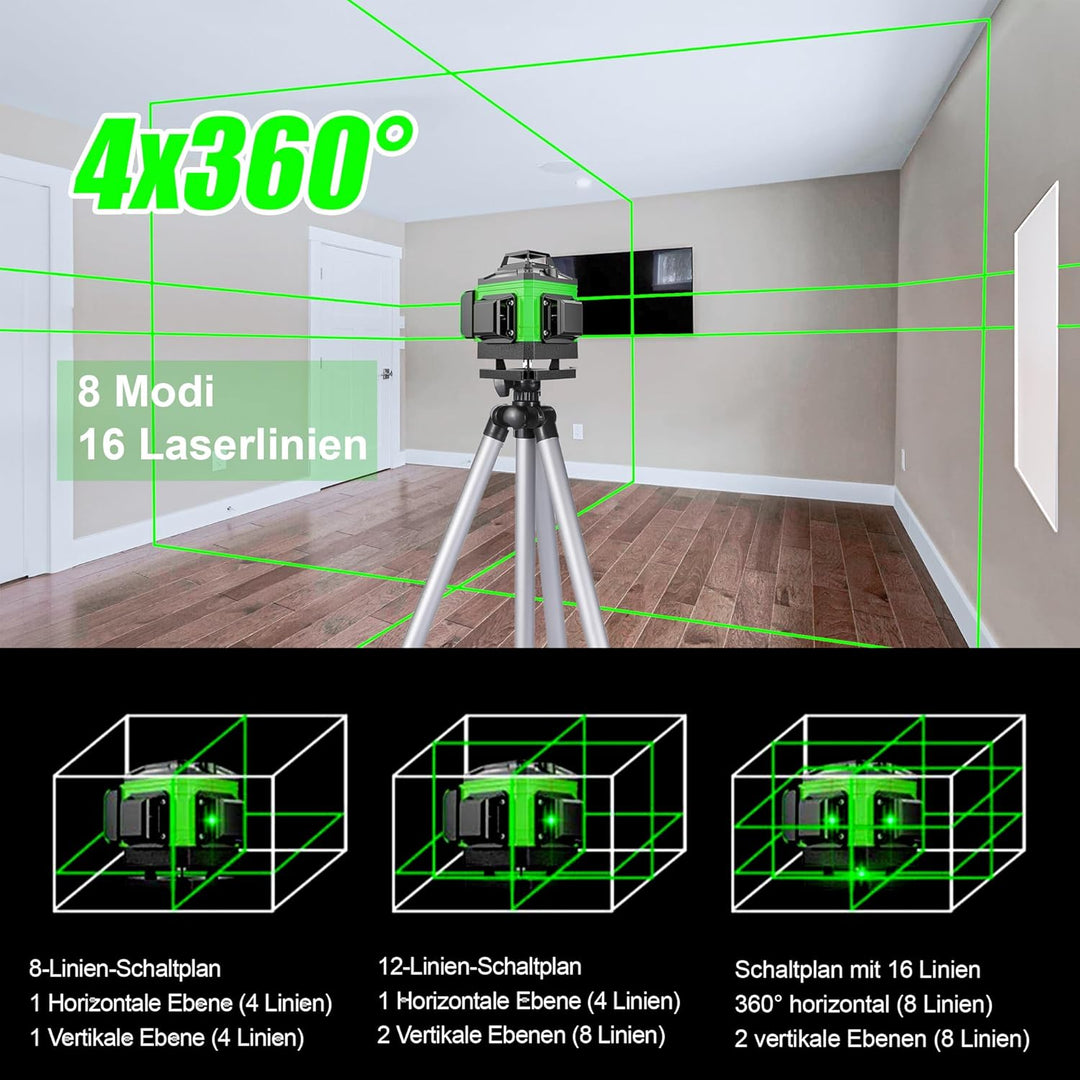 Kreuzlinienlaser mit Stativ, 4x360° Selbstnivellierend Laser Wasserwaage, Baulaser Nivelliergerät 16