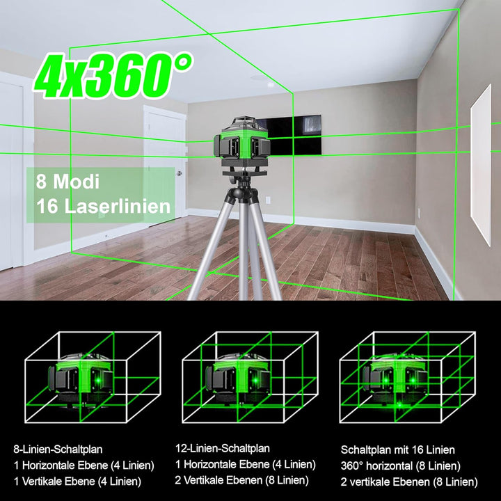 Kreuzlinienlaser mit Stativ, 4x360° Selbstnivellierend Laser Wasserwaage, Baulaser Nivelliergerät 16