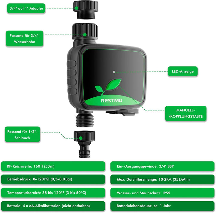RESTMO WiFi-Bewässerungscomputer, programmierbare Wasserzeitschaltuhr für die Gartenbewässerung, 3 B