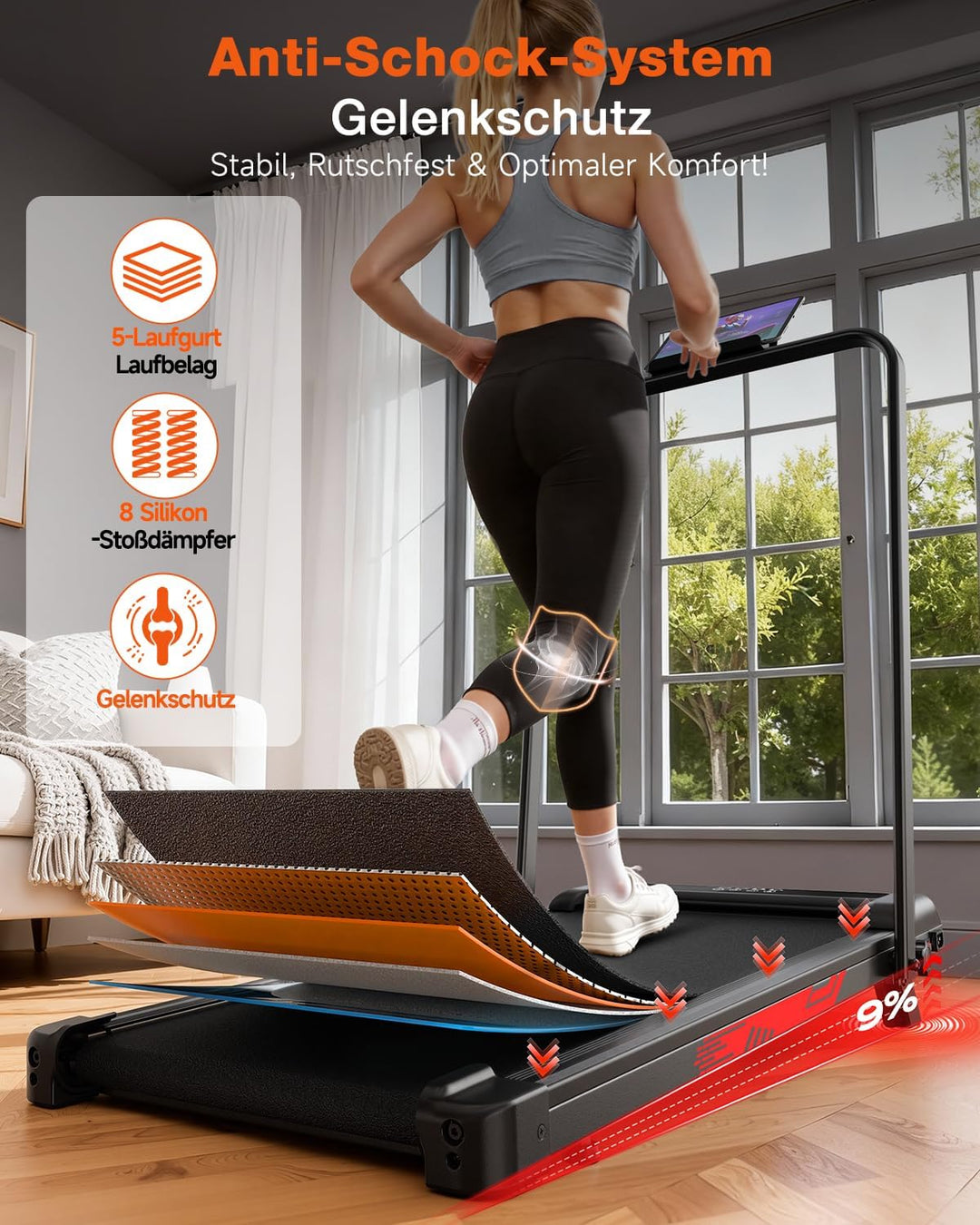 Laufband Klappbar 4-in-1, 9% Steigung, 10 km/h, 3,0-PS bürstenlos | Leiser Betrieb, LED-Anzeige, Fer