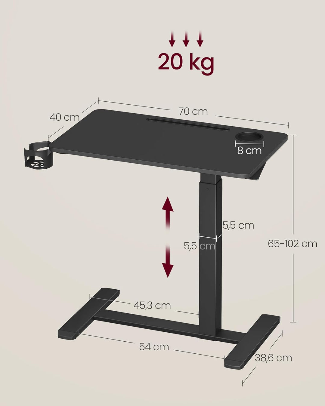 VASAGLE Beistelltisch mit Rollen, mobiler Stehtisch, 70 x 40 cm grosse Tischplatte, verstellbare Höh