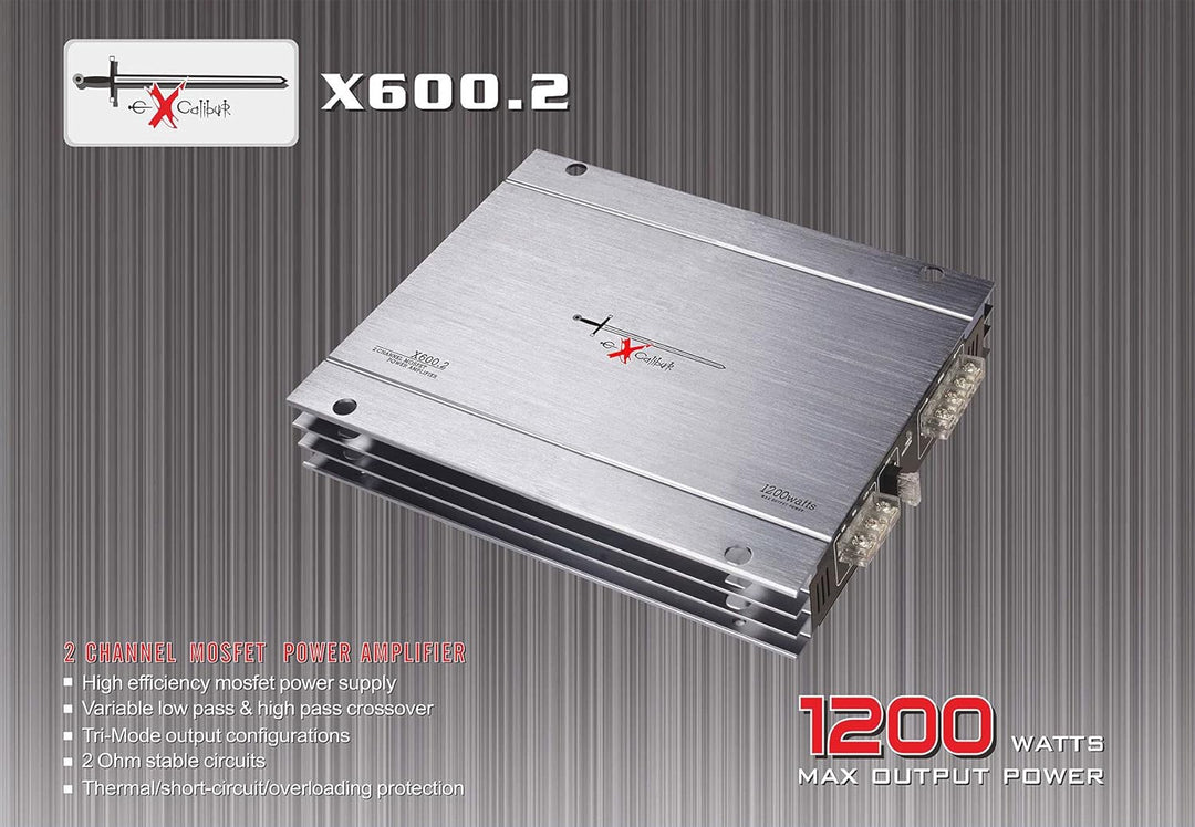 Excalibur X600.2 - Auto Verstärker 2 Kanal - 2X 600 Watt Mosfet HiFi KFZ Endstufe mit Bass-Boost - 1