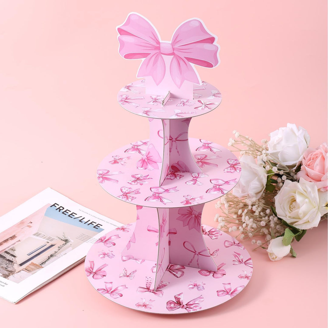 Schleife 3 Etagen Cupcake Ständer aus Karton, Kokette Cupcake Ständer Rosa Dickes Papier Cupcake Tur