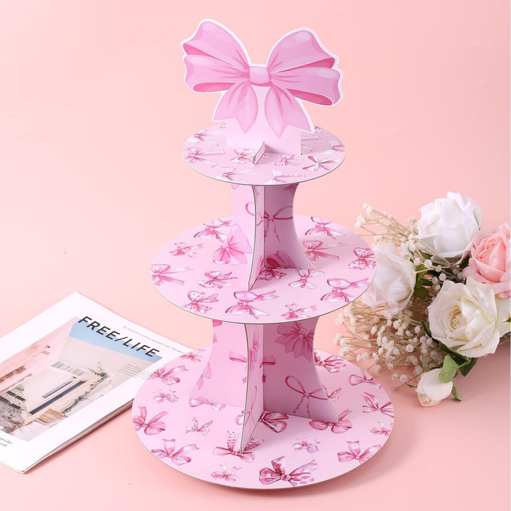 Schleife 3 Etagen Cupcake Ständer aus Karton, Kokette Cupcake Ständer Rosa Dickes Papier Cupcake Tur