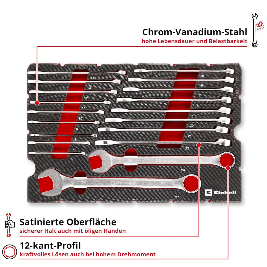 Original Einhell Pad Gabelringschlüssel 19-tlg. (12-Kant-Profil, Chrom-Vanadium-Stahl, satinierte Ob