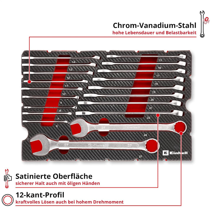 Original Einhell Pad Gabelringschlüssel 19-tlg. (12-Kant-Profil, Chrom-Vanadium-Stahl, satinierte Ob