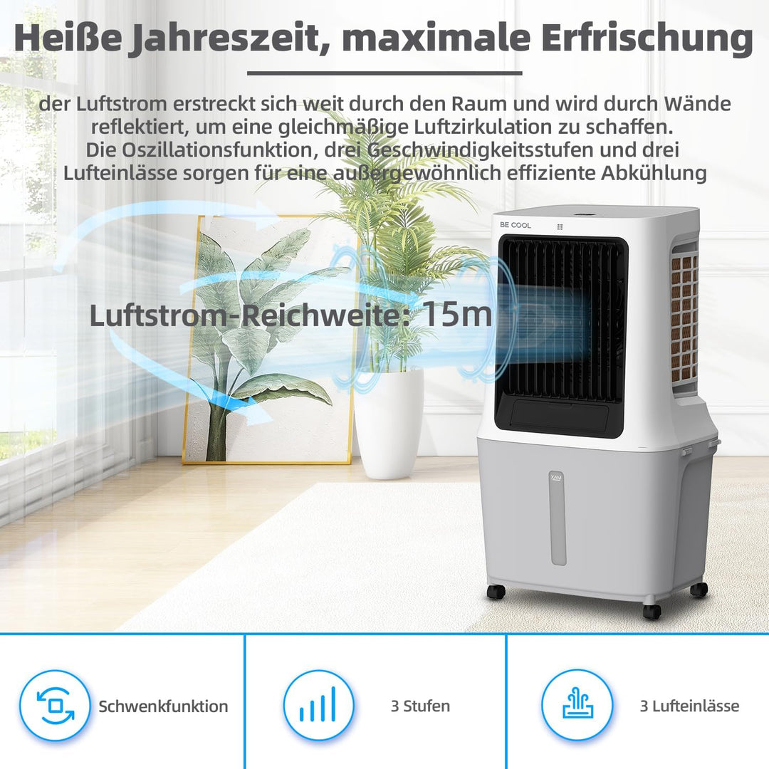 BE COOL Luftkühler | 30L Wassertank | 120W | WiFi-Steuerung | 1800 m³/h Luftzirkulation | 15m Reichw