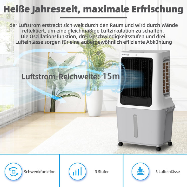BE COOL Luftkühler | 30L Wassertank | 120W | WiFi-Steuerung | 1800 m³/h Luftzirkulation | 15m Reichw