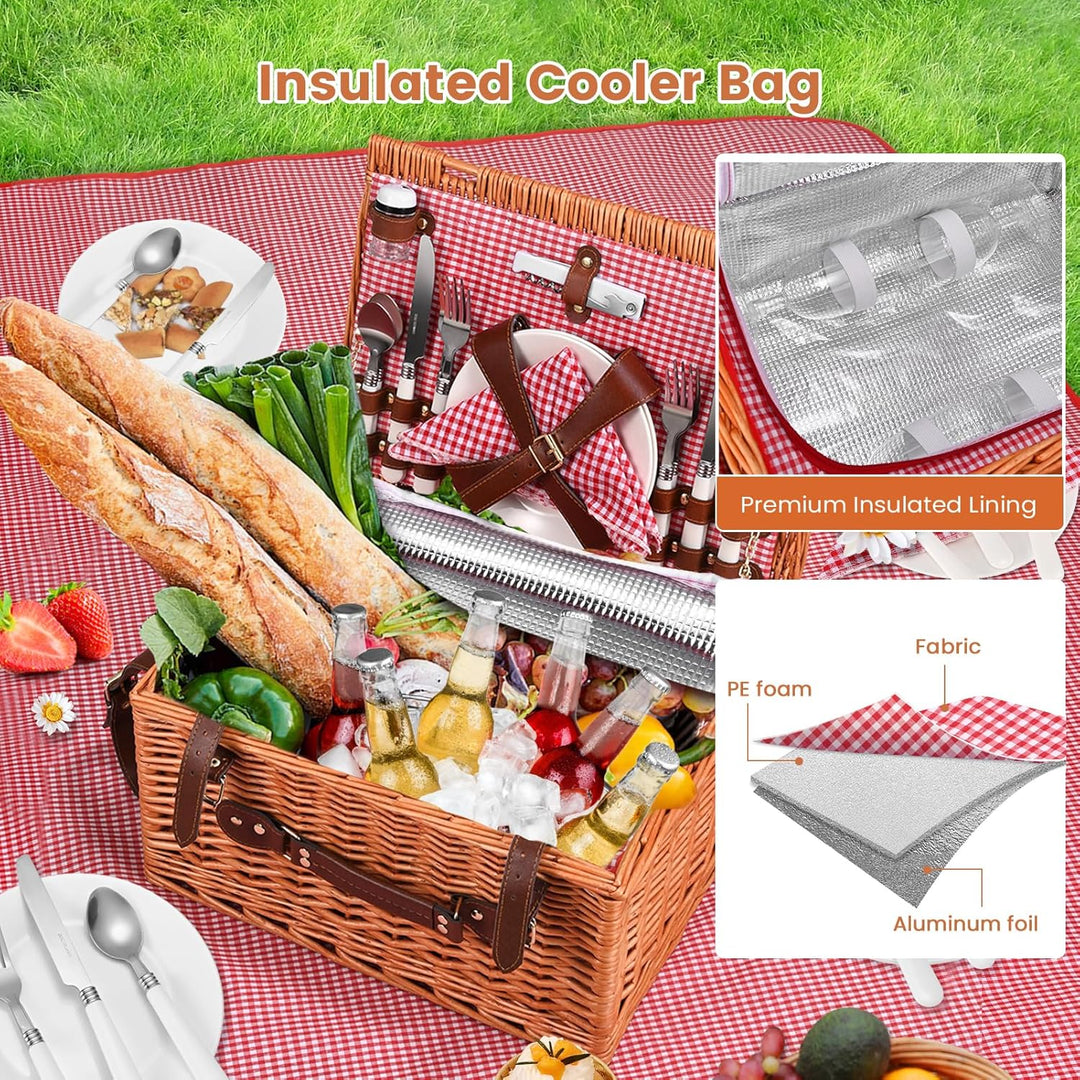 Premium Picknickkorb-Set für 4 Personen, Weidenkorb mit Kühlfach, Wasserdichter Decke, Tellern, Gläs