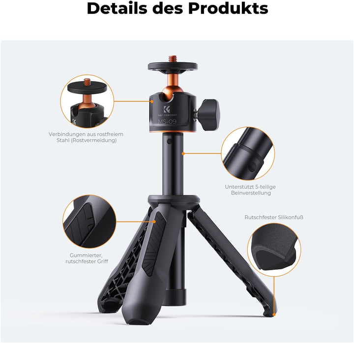 Mini Stativ,K&F Concept MS09 Selfie Stick Tischstativ,Desktop Vlogging-Stativ mit 360° Kugelkopf,Han